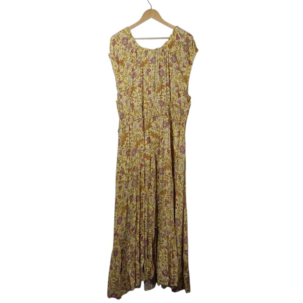 Old Navy Waist-Defined Short-Sleeve Printed Maxi Dress Yellow/Pink Floral XXL - Picture 6 of 10